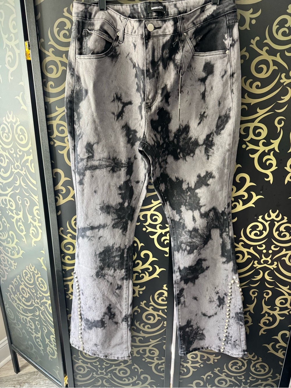 Tie-Dye Flare Jeans with Studded Hem - Black/Gray